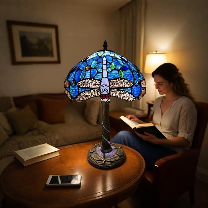 Tiffany-Style Table Lamp, 12" Blue Dragonfly Handmade Stained Glass Lamp Shade, Vintage Reading Light for Bedroom Living Room, LED Bulb Included - Bloomnest