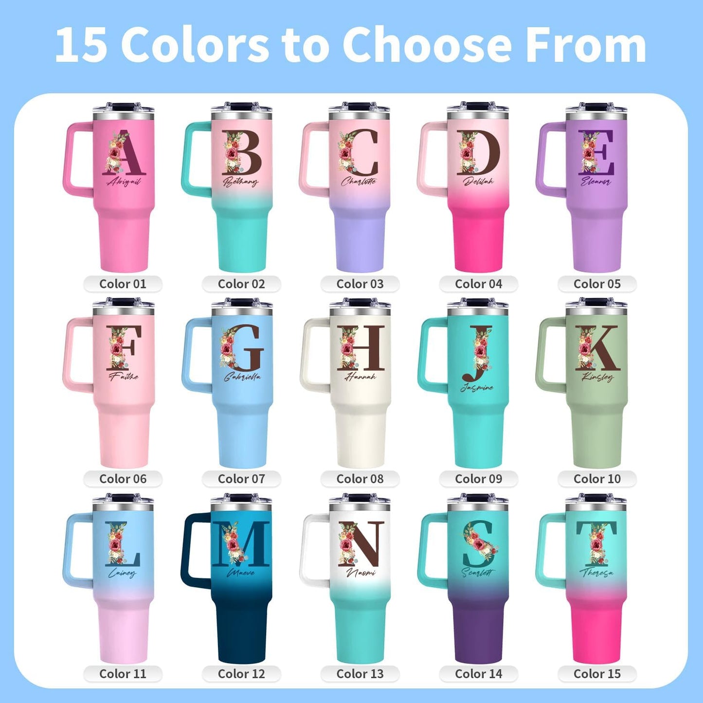 Personalized Gifts for Women - 40oz Customized Initial Floral Tumbler with Name，Monogrammed Flower Cups for Her, Ideal for Birthdays, Mother’s Day, Christmas -Perfect for Office Home Travel,02