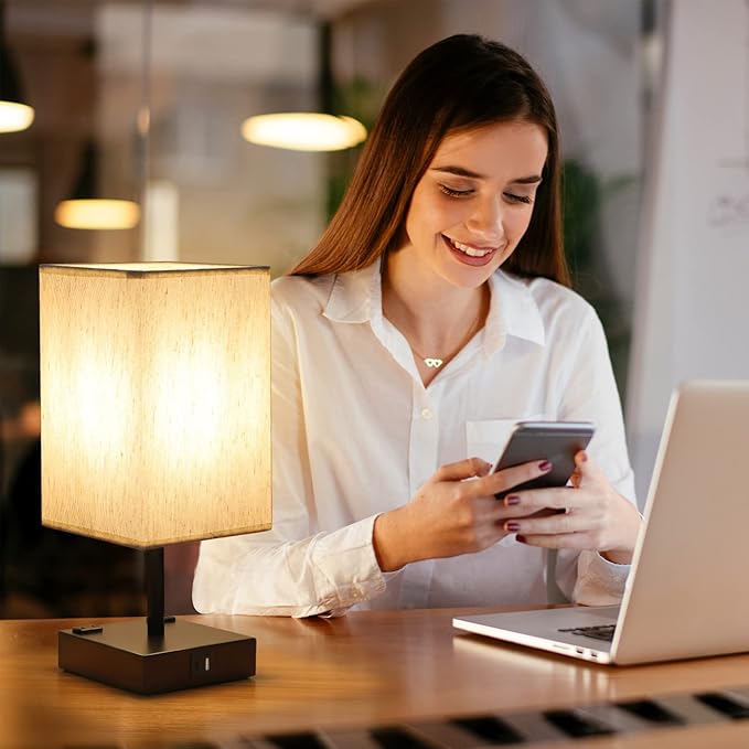 Bedside Table Lamp for Bedroom - Touch Small Lamp with USB C+A Charging Ports & AC Outlets, 3 Way Dimmable Nightstand Light for Living Room (LED Bulb Included, Flaxen) - Bloomnest