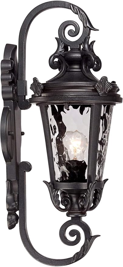 John Timberland Marseille Traditional Outdoor Wall Light Fixture Black Steel Scroll 19" Clear Hammered Glass Downbridge Arm for Exterior House Porch Patio Outside Deck Garage Front Door Home - Bloomnest