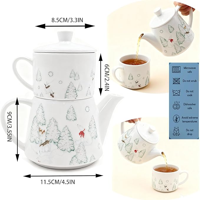 Christmas Teapot Set Ceramic Tea Pot with English Breakfast Tea, 17OZ Christmas Tree Tea Kettle with Mug as Birthday & New Year Gifts for Home & Kitchen Decor(Christmas Tree) - Bloomnest