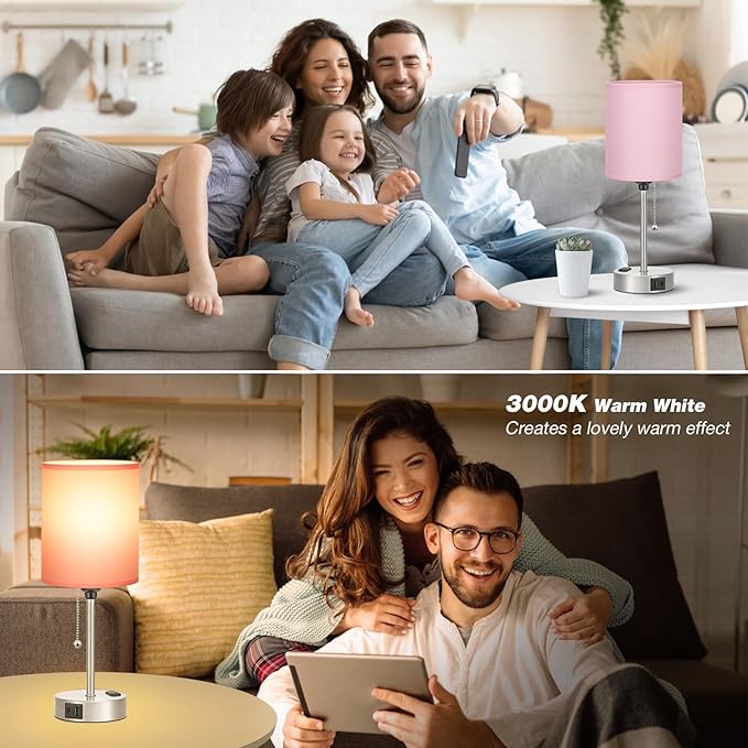 Pink Bedroom Lamp for Bedside - 3 Color Temperatures Desk Lamp with USB C and A Ports, Pull Chain Table Lamp with AC Outlet, Nightstand Lamp with Silver Metal Base for Kids Girls - Bloomnest