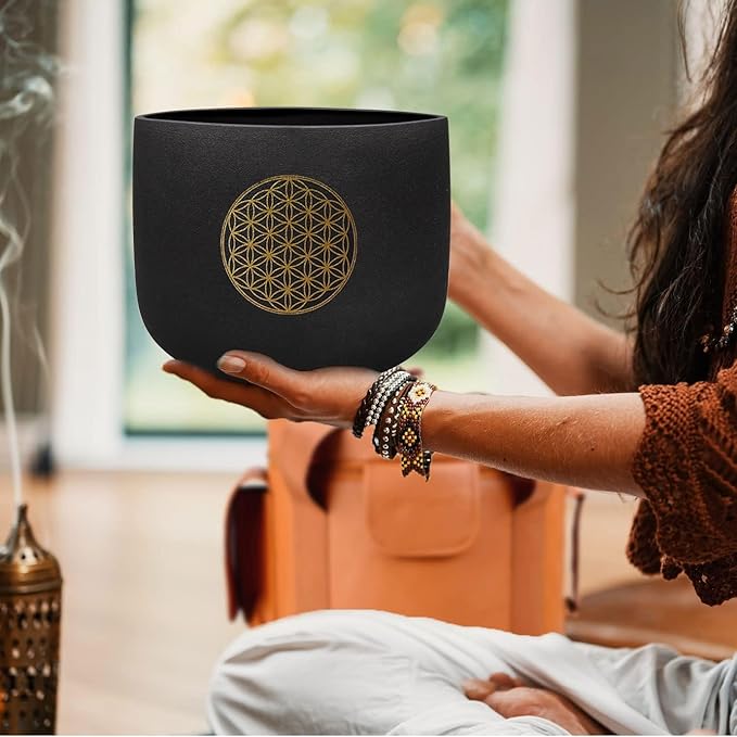 Hye-eun Crystal Singing Bowl 528HZ 8 Inch C Note, Black Sound Healing Crystal Bowl Meditation Sound Bath Life Flower Singing Bowl With Bag