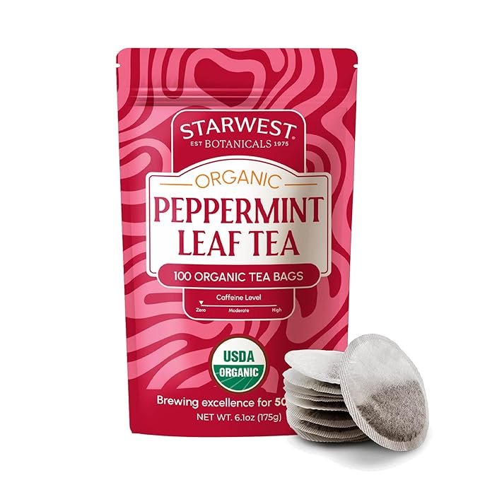 Starwest Botanicals Organic Peppermint Leaf Tea - Caffeine Free Herbal Tea, Supports Digestion, USDA Organic Peppermint Leaf, String Free Sachets, Non GMO - Bulk Pack, 100 Tea Bags - Bloomnest