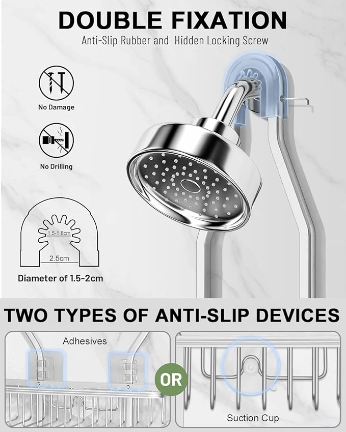 Shower Caddy Hanging - Never Rust Shower Hanging Organizer - Aluminum Over the ShowerHead Caddy with 6 Hooks for Razor/Sponge (Silver) - Bloomnest