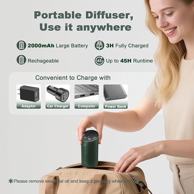 Waterless Essential Oil Diffuser with 4 Timer (1/3/6H & Off) & 3 Mist(L/M/H), Air Scent Diffuser for Home Car Office, Rechargeable Aromatherapy Diffuser, Portable Mini Aroma Diffuser, Dark Green - Bloomnest