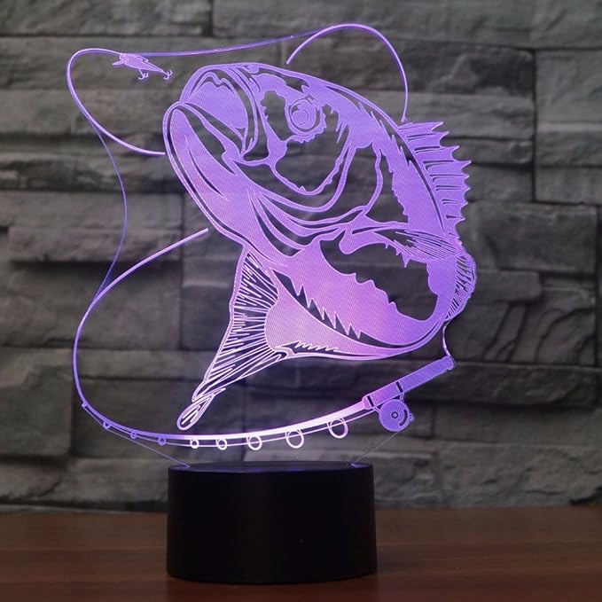 3D Fishing Fish Night Light Lamp Illusion 7 Color Changing Touch Switch Table Desk Decoration Lamps Led Christmas Gift with Acrylic Flat ABS Base USB Cable Toy - Bloomnest