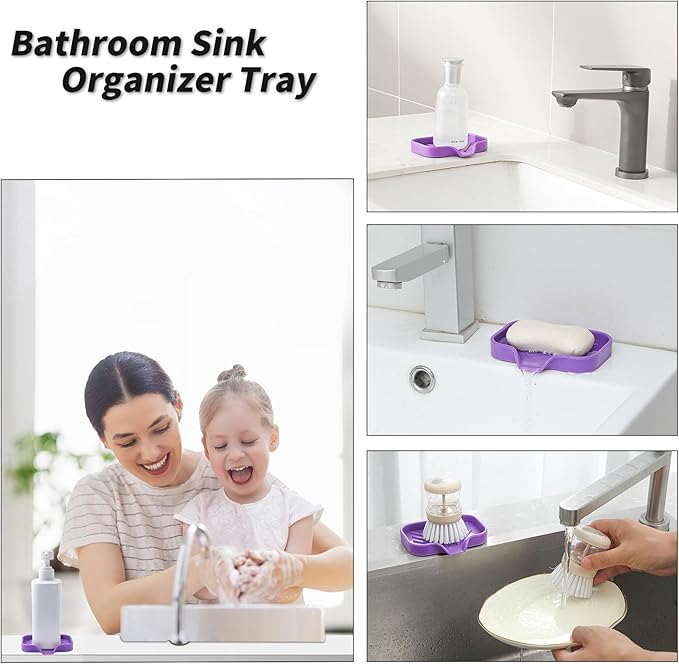 Silicone Bathroom Soap Dishes with Drain Spout-Bathroom and Kitchen Sink Organizer,Sponge Holder,Dish Soap Tray,Perfect for Dispenser,Scrubber,Bottle,Cup on Sink or Counter-Purple 4.9"×3.2" - Bloomnest