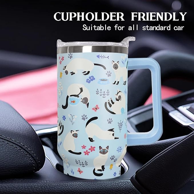 40 Oz Siamese Cat Coffee Travel Mug Cup Water Bottle Tumbler With Handle,Cat Gifts for Women - Bloomnest