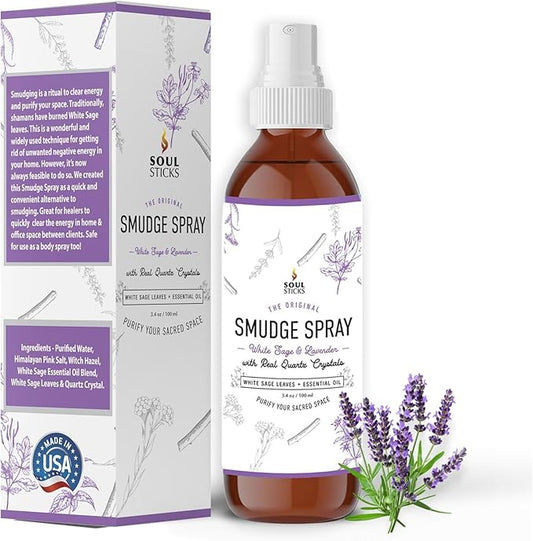 SOUL STICKS White Sage & Lavender Smudge Spray – 3.5oz Smokeless Mist with Quartz Crystals – Calming Essential Oil Spray for Sleep, Stress Relief, Meditation, and Energy Cleansing SoulSticks
