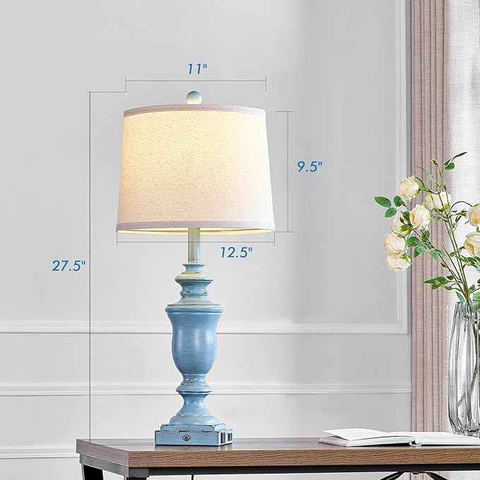 27.5" Set of 2 Farmhouse Table Lamps for Bedroom, 3 Way Dimmable Bedside Lamp with 2 USB +AC Outlet Nightstand Lamps for Living Room Resin Rustic Touch Lamps(Antique Blue) - Bloomnest