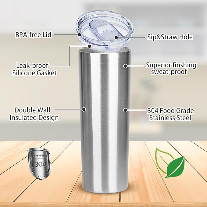 20 oz Skinny Tumbler with Lid and Straw,Stainless Steel Vacuum Insulated Tumbler Cup Double Wall Leak-proof Coffee Mug,Travel Thermal Water Tumbler for Office,Outdoor(Silver,1)
