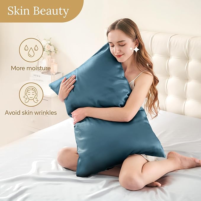 INFIIXSO Mulberry Silk Pillowcase for Hair and Skin, Silk Pillow Cases Queen Size Set of 2 with Hidden Zipper 20"x30", Ultra Smooth and Soft Cooling Pillow Cases for Hot Sleepers(Bluesteel, 2 Pack) - Bloomnest