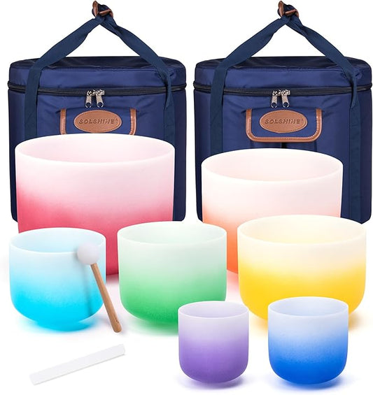 432Hz 6-12 Inch Set of 7 Quartz Crystal Singing Bowls with Gradient Colored Design, 2 Travel Carry Case Bags and Resonance Striker for Meditation and Sound Therapy - Bloomnest