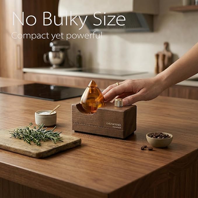 Amber Premium Glass Essential Oil Diffuser with Handmade Wood Base for Aromatherapy, Retro Waterless Scent Diffuser with Cool Mist, Rechargeable & Wireless Oil Nebulizer with LED & Timer, 2026 Model CHEZARTEMIS