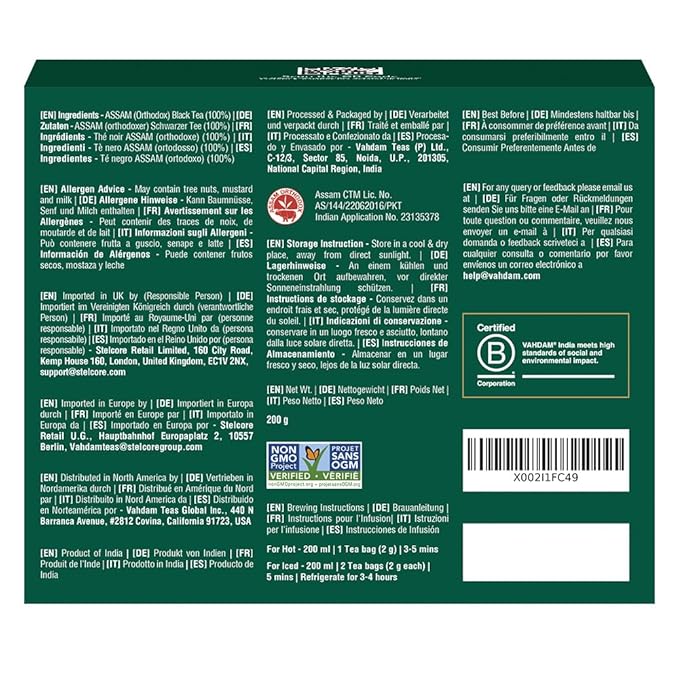 VAHDAM, Assam Exotic Black Tea Bags (100 Count) High Caffeine, Gluten Free, Full Bodied | Pyramid Tea Bags | Strong, Robust & Flavoury | Direct from Source - Bloomnest