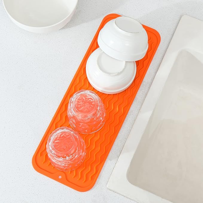Silicone Dish Drying Mat for Multiple Usage,Easy clean,Eco-friendly,Heat-resistant Silicone Mat for Kitchen Counter,Sink,Bar,Bottle,or Cup Orange M 17 inches x 6 inches - Bloomnest