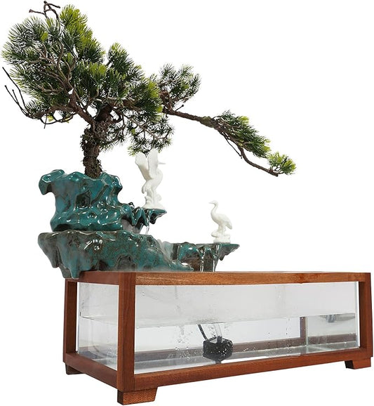 Antique-Style Tabletop Water Fountain with Fish Tank & Atomizer - Desktop Decor with Crane Statues, Simulated Pine, LED Light & Feng Shui Symbolism for Indoor Home/Office Decoration - Bloomnest