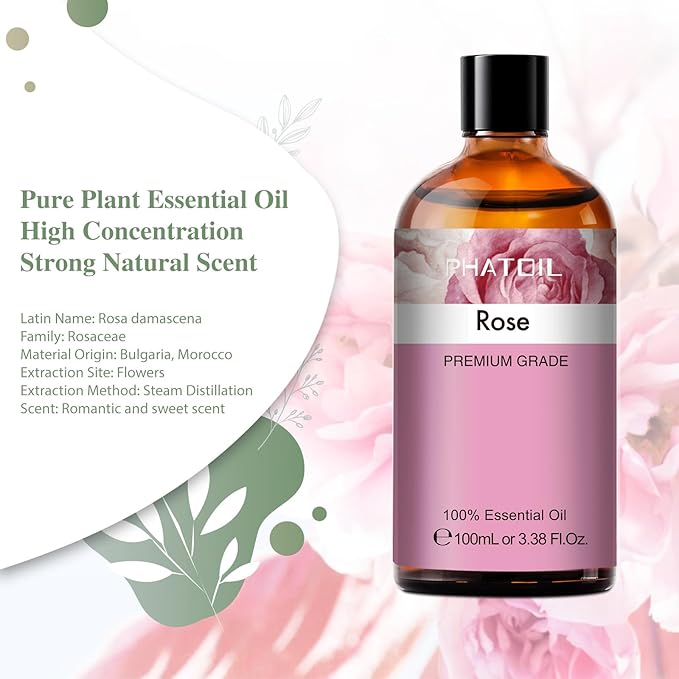 PHATOIL 3.38FL.OZ Rose Essential Oil with Glass Dropper, for Aromatherapy Diffusers, Humidifiers, Great for DIY Candle and Soap Making, Huge 100ML Bottle - Bloomnest