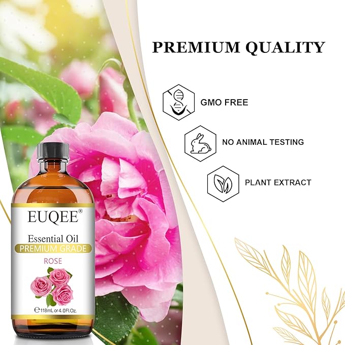 EUQEE Rose Essential Oil 118mL Large Capacity Rose Oil Premium Essential Oil with Glass Dropper for Diffuser, Soap & Candle Making, Aromatherapy - 4Fl. Oz - Bloomnest