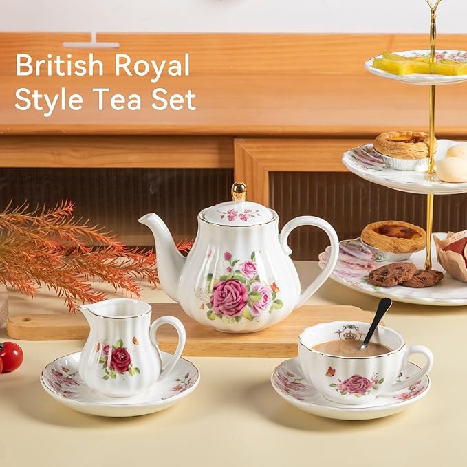 Porcelain Tea Sets British Royal Series, 8 OZ Cups & Saucer Service for 6, with Teapot Sugar Bowl Cream Pitcher Teaspoons and Tea Strainer, Suitable for High Tea, Wedding, Party (Midsummer Rose) - Bloomnest
