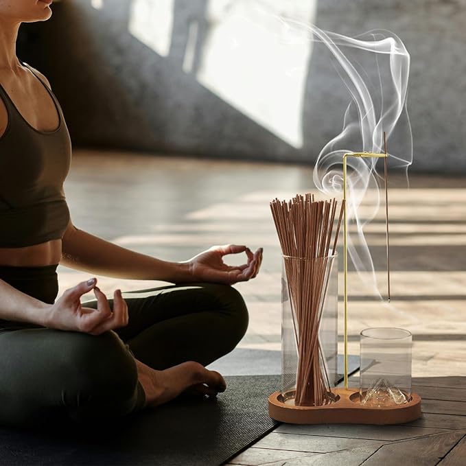 2-in-1 Glass Incense Holder for Sticks, Wooden Incense Burner with Ash Catcher & Incense Storage, Anti-Ash Flying Incense Stick Holder for Meditation, Yoga, Spa, and Home Decor(Natural Wood) - Bloomnest