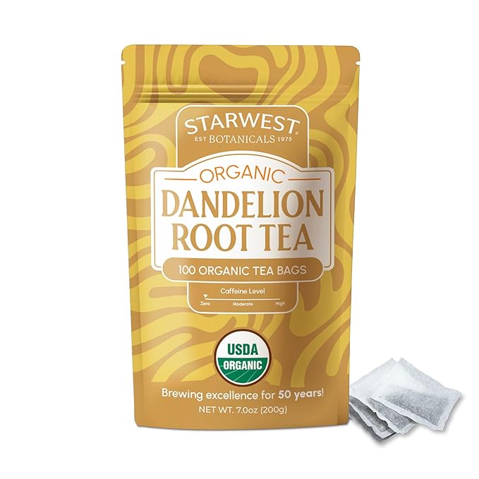 Starwest Botanicals Organic Dandelion Root Tea - Cleansing Herbal Tea, Caffeine Free, Natural Elimination Support, USDA Organic Dandelion Root Roasted, Non GMO - Bulk Pack, 100 Tea Bags - Bloomnest