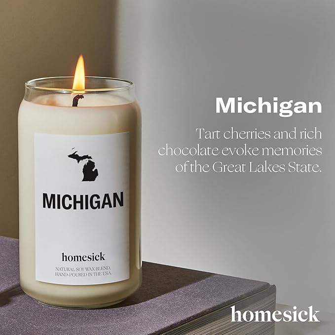 Homesick Scented Candles for Home (Michigan) - 13.75 oz Long-Lasting Soy Wax Jar Candle for Women & Men for All Occasions, 60-80 Hours Burn Time - Notes of Chocolate, Cherry & Lemon - Bloomnest