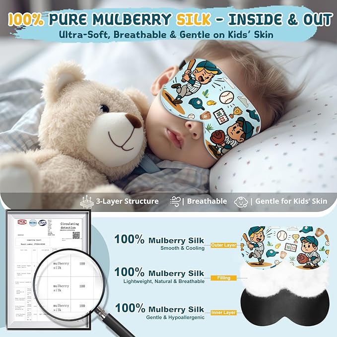Kids Sleep Mask – 100% Mulberry Silk Eye Mask with Adjustable Strap, Soft Light Blocking Sleeping Mask for Children, Cute Printed Eye Cover for Boys Girls Ages 5-15 (Baseball Style) - Bloomnest
