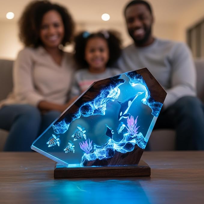 Handmade 3D Ocean Resin Lamp, Epoxy Ocean Night Light with Wooden Base, LED Color Changing Table Lamp, USB Powered Dragons Decor, Unique Ocean Gift for Bedroom & Home Office (Orca Whale) - Bloomnest