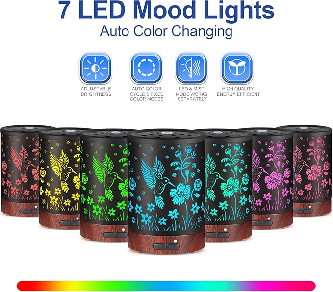 Essential Oil Diffuser- Aromatherapy Diffuser with7 Colors Light and Auto-Off for Women Metal Cool Mist Humidifier for Home and Office for Mom Women（Hummingbird） - Bloomnest
