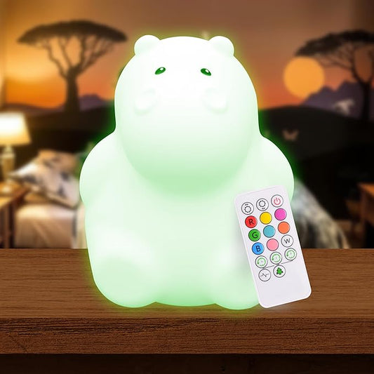 LumiPets Honey the Hippo Silicone Night Light for Kids | Squishy Lamp with Tap & Remote Control | Rechargeable, 9 Color Changing Animal Night Light for Boys & Girls | Portable Nightlight With USB Cord - Bloomnest