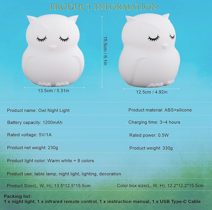 Large Owl Night Lights for Kids Bedside Lamp Children's Room Animal Sleep Night-Light for Girls and Boys - Changeable Brightness & Color Time Setting Child Gift Birthday Present - Large - Bloomnest