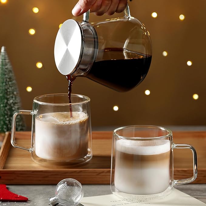 CNGLASS 10oz Glass Coffee Mugs,Double Wall Insulated Glass Mugs with Handle,Clear Espresso Mug for Latte,Cappuccino,Tea Bag,Set of 2 - Bloomnest