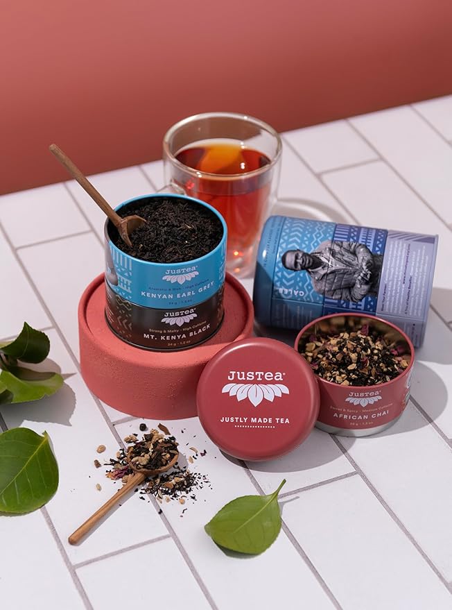 JusTea Black Tea Trio | Stacking Tins Variety Pack with Hand Carved Tea Spoon | Loose Leaf Tea | High Caffeine | Award-Winning | Fair Trade | Non-GMO - Bloomnest