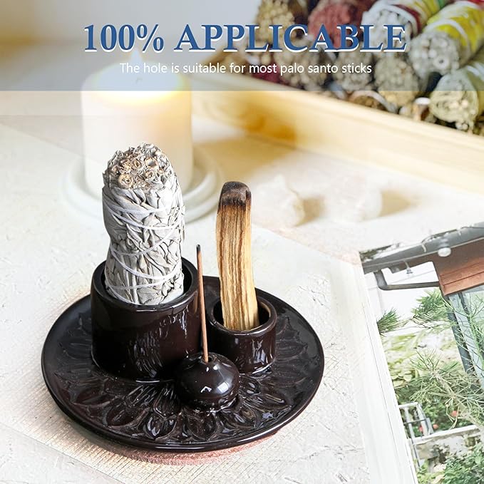 4 in 1 Ceramic Incense Holder, Palo Santo Stick Holder, Sage Holder for Burning, 5.2" Ash Catcher Tray for Meditation, Yoga & Home Decor (Black)