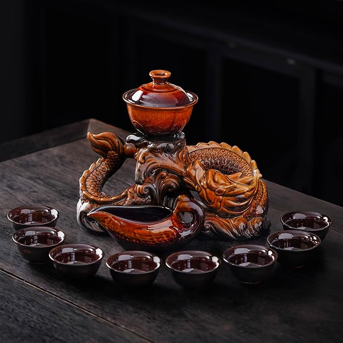 Semi Automatic Tea Set Ceramic Teapot with Infuser Magic Teapot with 8 cups (Yellow Dragon-D) - Bloomnest