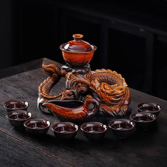Semi Automatic Tea Set Ceramic Teapot with Infuser Magic Teapot with 8 cups (Yellow Dragon-D) - Bloomnest