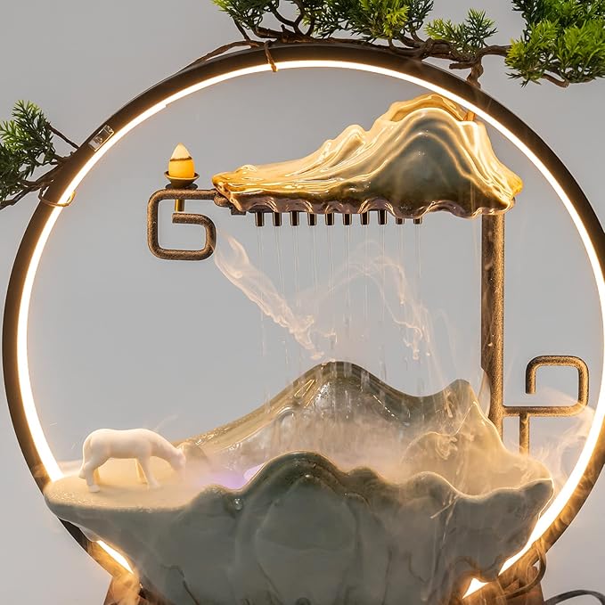 Tabletop Water Fountain, Indoor Waterfall with Round LED Light & Mist Maker and Incense Holder for Home Office Decor for Good Luck Wealth - Bloomnest