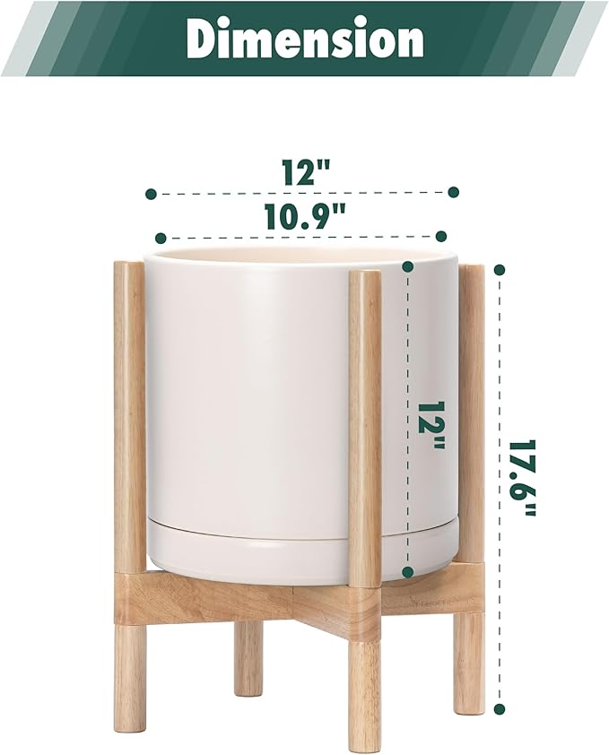 D'vine Dev Ceramic Planter with Natural Stand - 12 Inch Modern Round Flower Pot with Wood Planter Holder, Oatmeal, 55-B-J-8 - Bloomnest