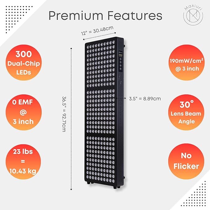 Makiuri Red Light Therapy Panel for Full Body | 630 nm, 660nm, 810nm, 830nm, 850nm | Clinical Grade Red & Near-Infrared LED Light Therapy (5 Wavelengths) | High Irradiance | Neptune (Black 300 LED) Makiuri