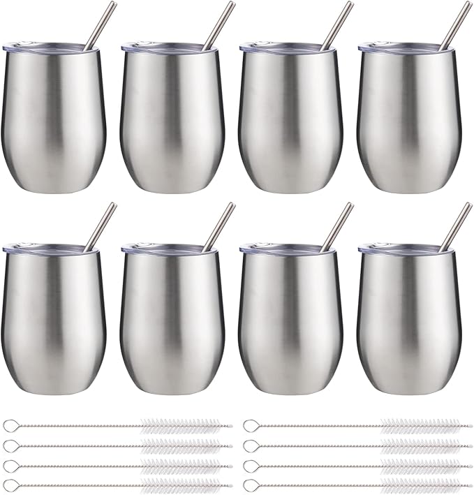 12 oz Insulated Wine Tumbler with Lid and Straw,Stainless Steel Stemless Wine Tumbler Glasses Double Wall Vacuum Wine Cups Tumbler Bulk for Coffee,Champaign,Office(Silver,8) - Bloomnest