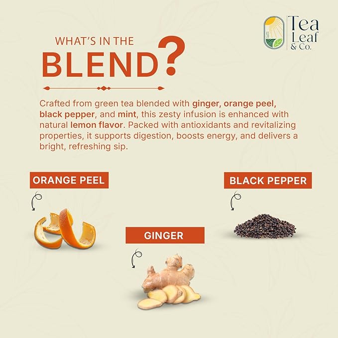 Lemon Ginger Green Tea Bags (50 Count), Green Tea with Orange Peel, Black Pepper & Mint Extract, Caffeinated, Real and Natural Green Tea, Blended with Fresh Herbs and Spices, Gluten Free - Bloomnest
