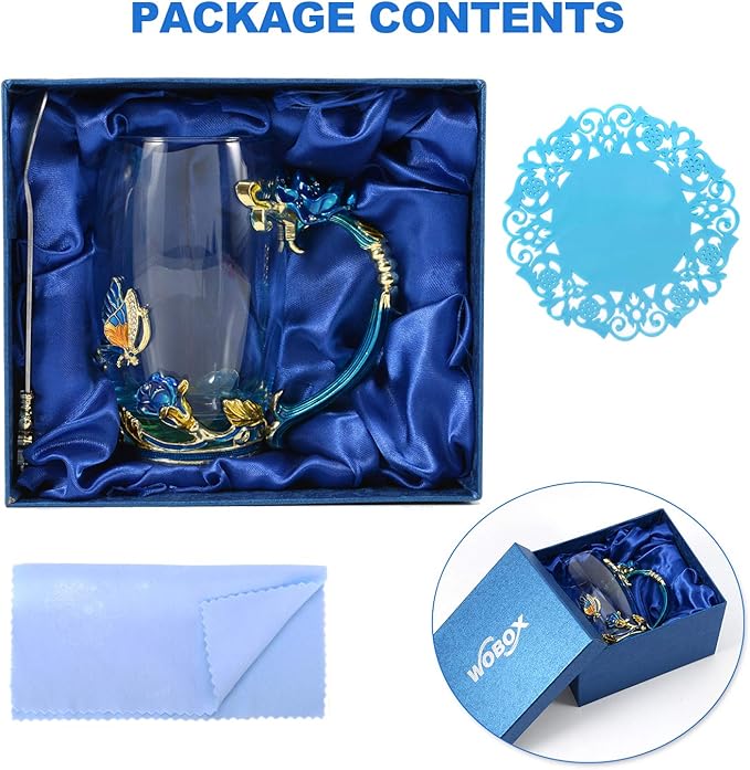 330ML Enamel Tea Cup Glass Coffee Mug Handmade Rose Flower Tea Mug for Father's Day,Mother's Day,Valentine’s Day, Birthday, Christmas Gift with Stainless Steel Spoon Set