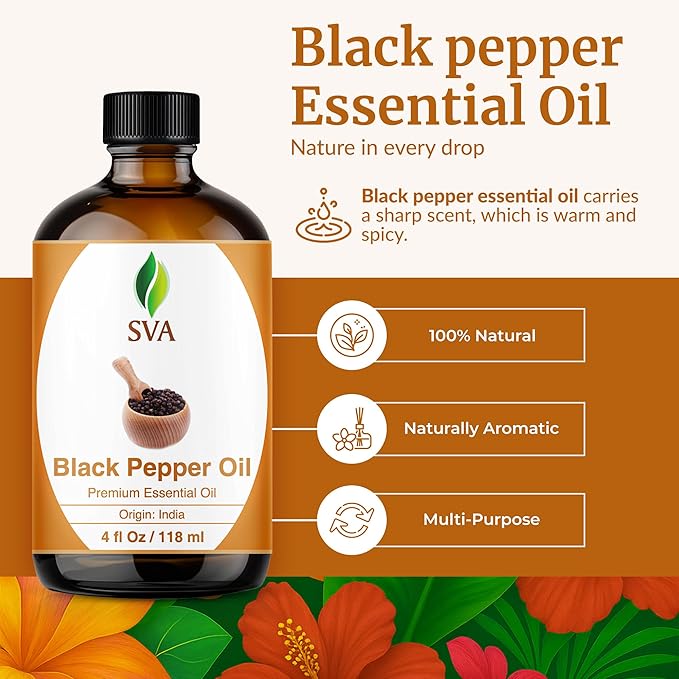 SVA Black Pepper Essential Oil – 4 Fl Oz – 100% Natural Black Pepper Oil - for Diffuser, Hair Care, Face, Skin Care, Aromatherapy, Scalp and Body Massage, Soap and Candle Making – with Dropper - Bloomnest