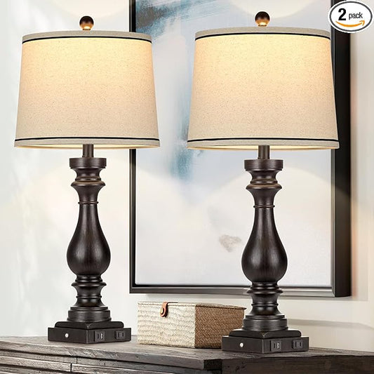 29" Tall Table Lamp for Living Room Set of 2,Farmhouse Vintage Bedside Nightstand Lamps with USB C+A Ports & AC Outlet,3-Way Dimmable Touch Control Retro Black Lamp for Bedroom,Color 5 - Bloomnest