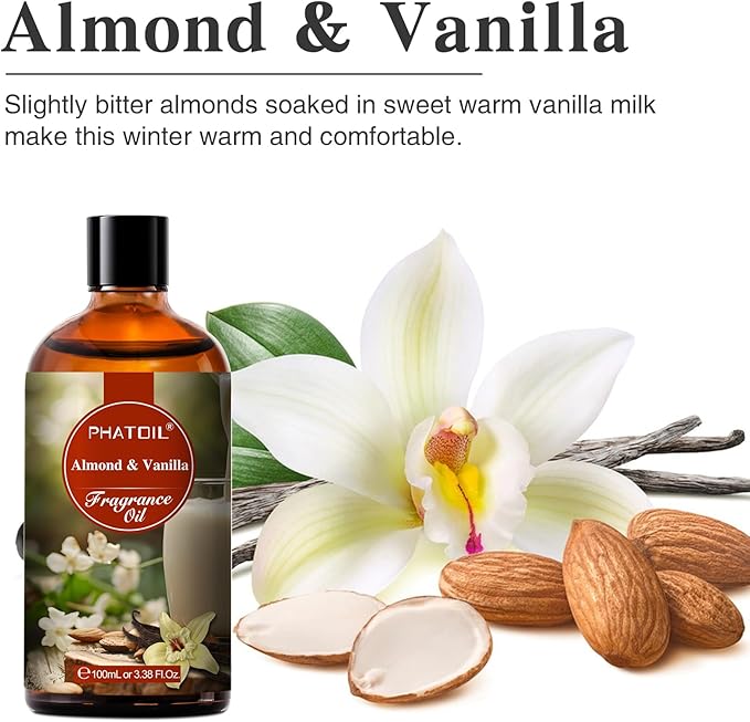PHATOIL Almond & Vanilla Fragrance Oils for Aromatherapy, 3.38FL.OZ Diffuser Oils for Home, Perfect for Aromatherapy, Humidifiers, Yoga, DIY Candle and Soap Making - 100ml - Bloomnest