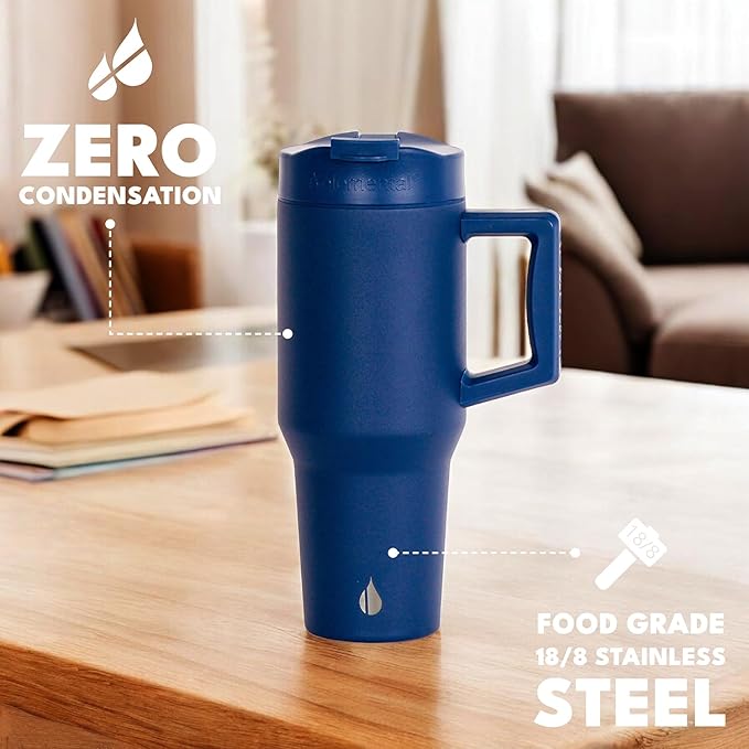 Elemental 32 oz 100% Leak Proof Tumbler with Handle & Straw - Stainless Steel Double Wall Insulated Tumbler for Hot and Cold Beverages - Travel Coffee Mug with Sip & Straw Lid - Navy - Bloomnest