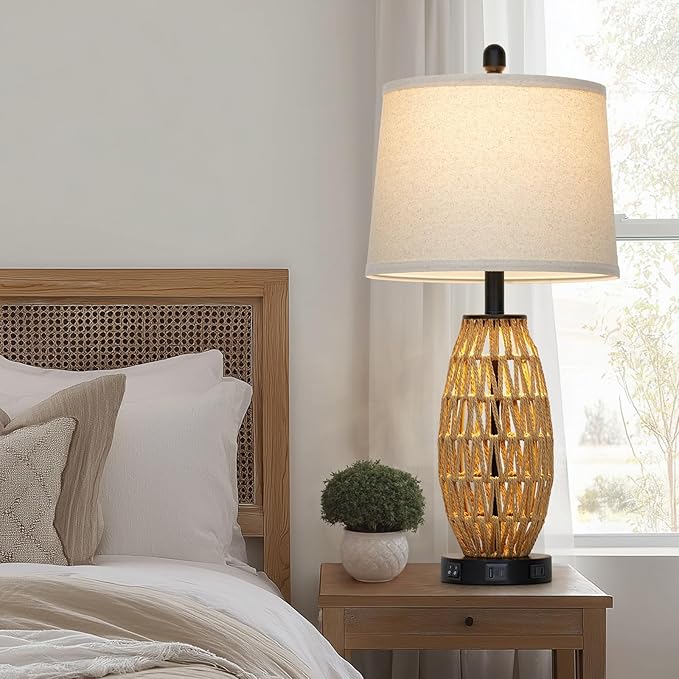 27" Rattan Table Lamps Set of 2, Boho Bedside Lamp for Bedroom with Night Light, Coastal Woven Wicker Nightstand Lamps with USB A+C Charging Port & AC Outlet, Tall Farmhouse Living Room Lamp - Bloomnest