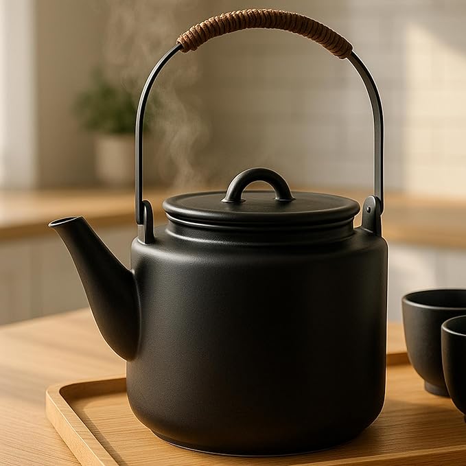 Small Stove Safe Ceramic Teapot with Cold Touch Curved Handle (27oz) - Hand-Glazed Finish - Suitable for Boiling Water and a Variety of Teas and Herbs - Matte Black - Bloomnest